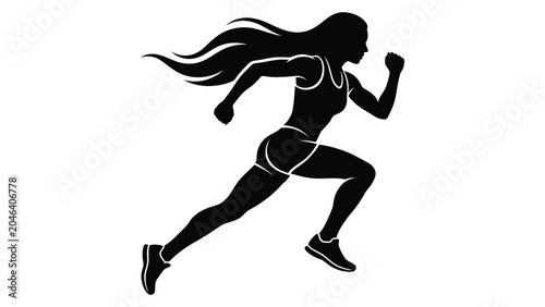 Fotografie Runner silhouette captures a woman with flowing hair engaged in a high-speed athletic sprint motion