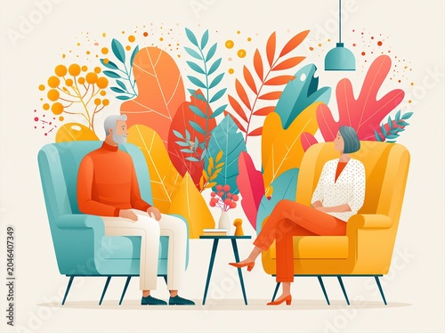 Two people sit and talk in colorful chairs with plants and leaves in background in bright setting