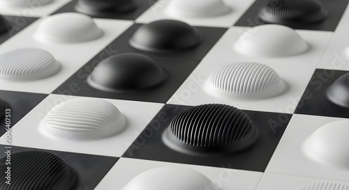 Abstract 3d render of a modern checkerboard with textured and smooth dome pieces in black and white high detail studio lighting