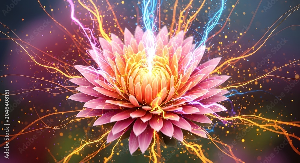 Obraz premium Vibrant abstract lotus flower radiating energy with glowing light particles and electric currents symbolizing enlightenment