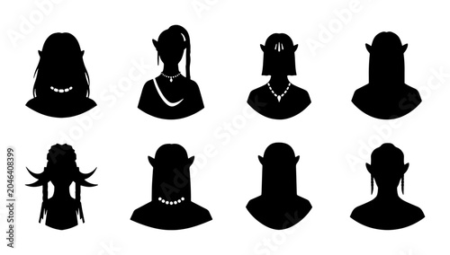 Foto Fantasy Elf Silhouette Icons, Magical Character Head Profiles, Mythical Creature