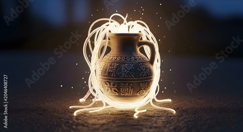 Ancient clay vase with glowing light trails and mystical symbols on a dark background