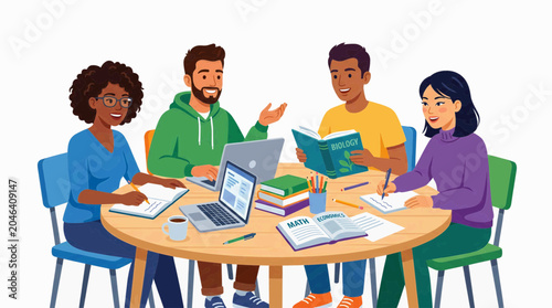 Diverse group of students collaborating on a school project at a round table with laptops books and notebooks