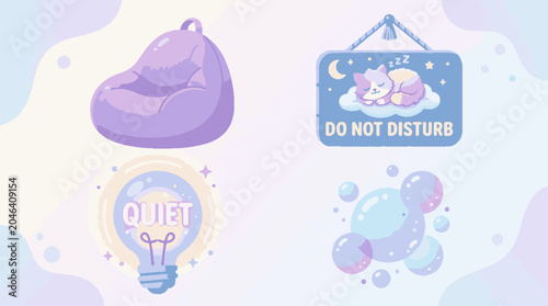 Cute pastel vector illustration set featuring beanbag chair do not disturb sign quiet lightbulb and bubbles.