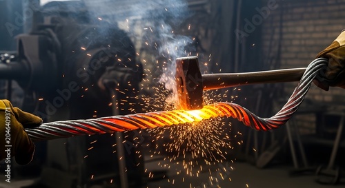 Skilled blacksmith hammers glowing hot metal rod sparks flying in dramatic workshop lighting