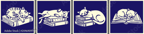 фотографія Blue hand drawn stamp style illustration of cute cats sleeping on books for post