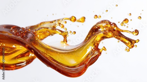 High-key macro shot capturing maple syrup splash with rich amber tones on white