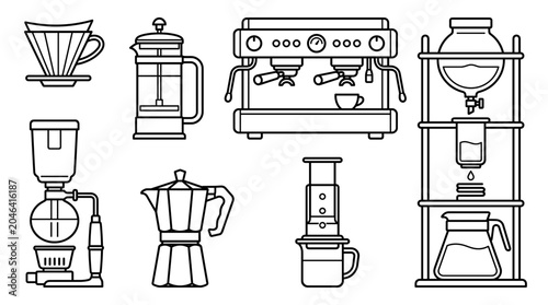 Quadro su tela Collection of coffee brewing equipment line art illustrations.