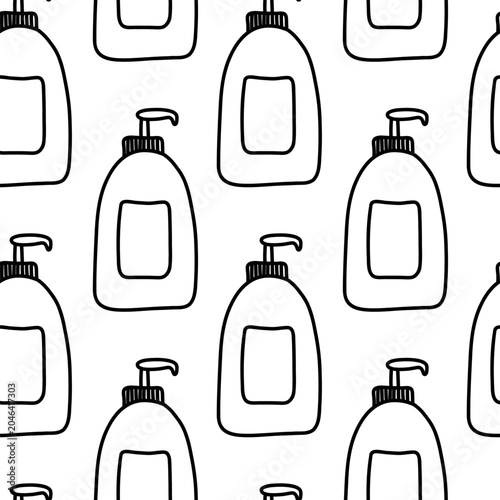 Seamless Pattern with Lotion Pump Bottles in Minimalist Black Line Style