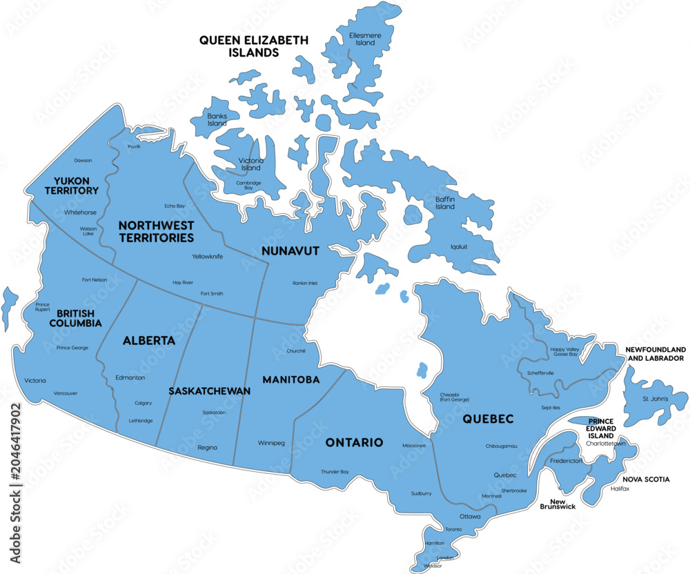 Fototapeta premium Map of Canada with provinces and territories labeled blue political map for travel