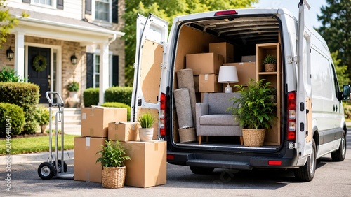 Moving truck parked in front of a residential house with packed boxes, furniture, and personal belongings ready for relocation. Concept of home moving, residential relocation, property transition.