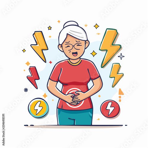 Elderly Woman Experiencing Stomach Pain and Discomfort
