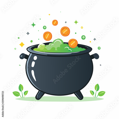 Pot of Gold with Bubbling Green Potion and Coins