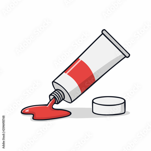 Red paint tube spilling liquid color