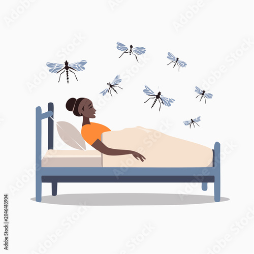 Woman in bed bothered by mosquitoes