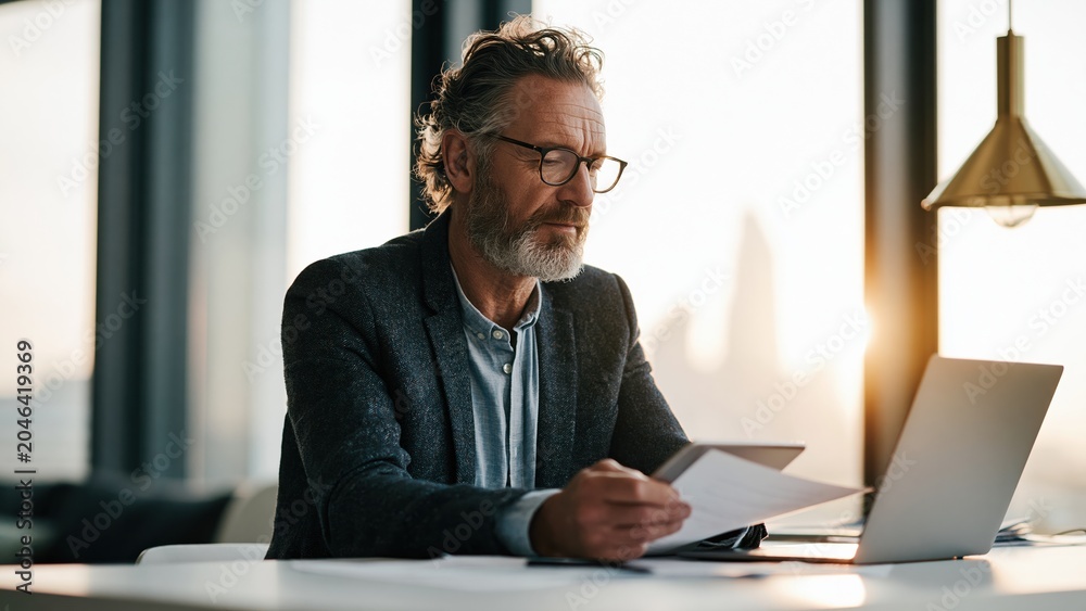 Obraz premium Focused middle-aged man reviewing documents at home office desk