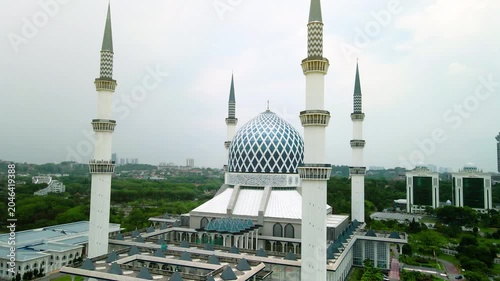 Aerial view of Sultan Salahuddin Abdul Aziz Shah Mosque, also known as the Blue Mosque, in Shah Alam, Selangor, Malaysia.