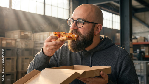 Bearded man in glasses enjoying a hot slice of pizza during a break in an industrial warehouse.