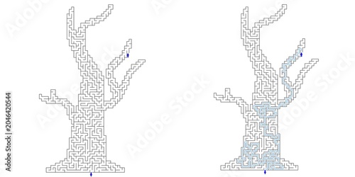 Halloween Tree shaped maze puzzle vector illustration with solved path and answer key, wild animal labyrinth challenge for kids and adults, printable activity sheet for books publishing 