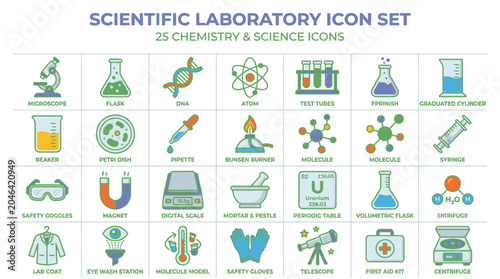 Scientific laboratory icons and symbols.