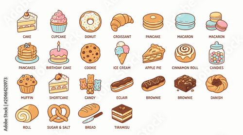 Variety of sweet baked dessert foods.