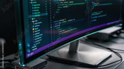Computer monitor displaying programming code in a dark, modern technology workspace.