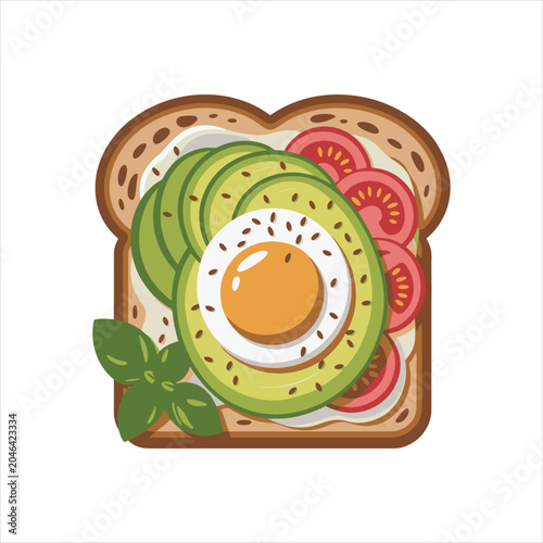 Avocado Toast Egg Tomato Slices Basil Leaf Overhead Healthy Breakfast Vector Art