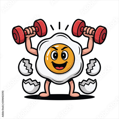 Strong Fried Egg Cartoon Character Weightlifting Dumbbell Broken Shells Mascot Vector