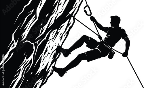 Tableau sur toile Rock climber silhouette climbing a steep cliff face