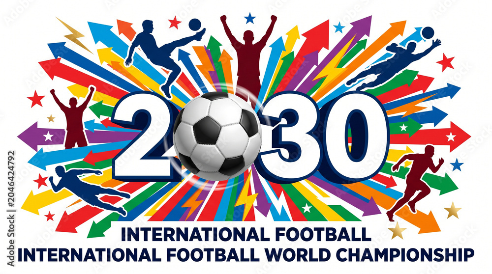 Fototapeta premium 2030 international football world championship logo with soccer ball, players, and colorful arrows isolated on white background