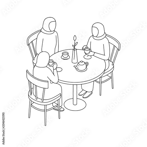 Three Women Wearing Hijabs Sitting Around a Table Drinking Tea in Minimalist Lineart Style