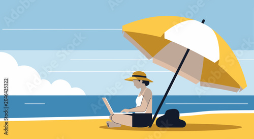 Woman working on laptop under beach umbrella, remote work, vacation, summer lifestyle