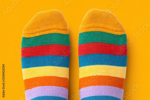 Colorful striped socks bring joy on a bright yellow backdrop
