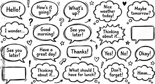 Doodle conversation clouds. Dialogue chat bubbles with small talk phrases, think or talk clouds. Hand drawn speech bubbles vector symbols set. Short messages for communication or discussion