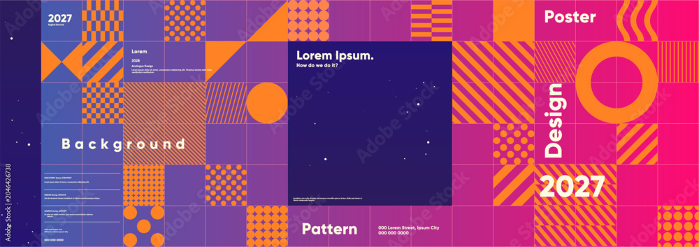 Fototapeta premium Colorful geometric design featuring bold patterns and shapes in orange, purple, and pink hues. Perfect for modern backgrounds, posters, and digital art projects.