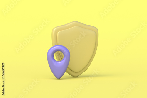 Location data protection concept. Secure navigation. Safety area. Guarded destination point. Reliable direction. Private territory. Shield near gps sign. 3d render
