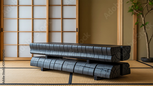 Sleek black modern sofa on tatami mat in Japanese room