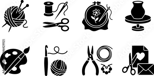 Cuadro en lienzo Handicraft and creative hobby icons in black silhouette on white background