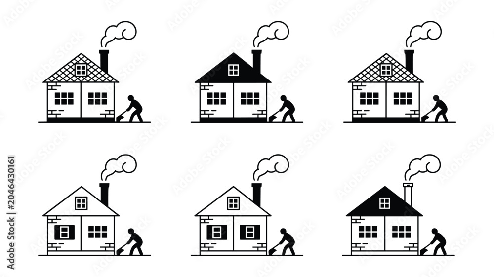 Fototapeta premium Six black and white line of houses with people walking away home building architecture person