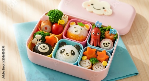 Colorful childrens lunch box with assorted food and snacks.