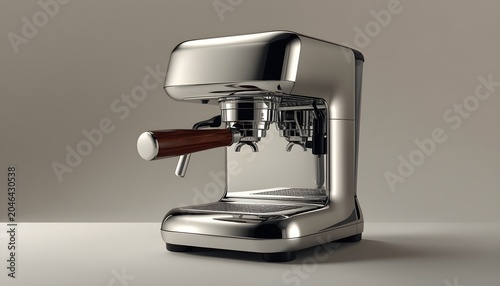 Modern polished chrome espresso machine with wooden handle on neutral background
