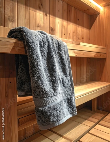 A gray towel hangs on a wooden bench in a sauna