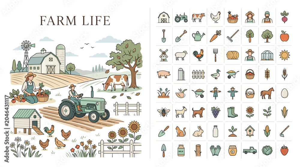 Naklejka premium Farm scene with tractor and various animals