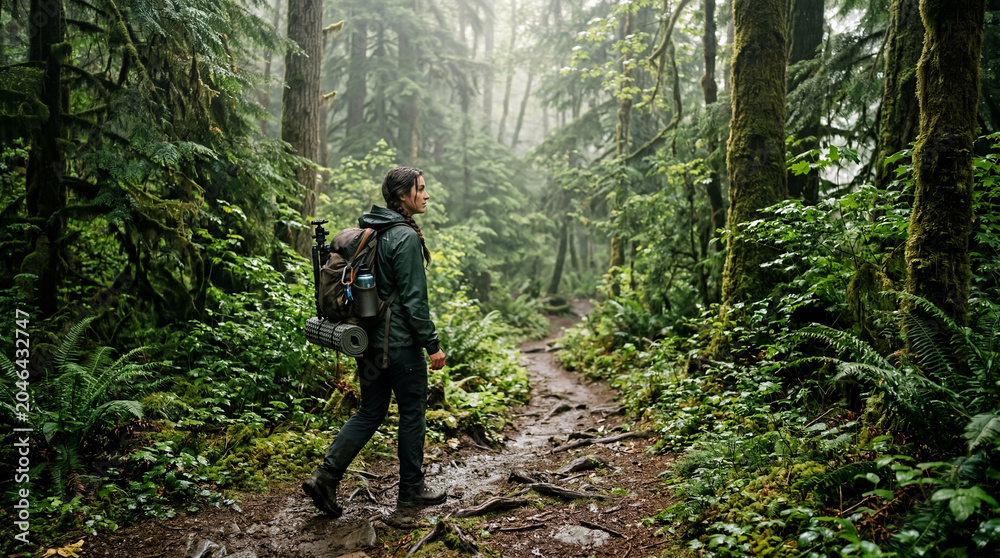 Obraz premium Adventure Traveler Hiking Through Dense Forest Trail in Natural Wilderness Environment