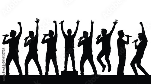 Cuadro en lienzo Silhouette of eight men singing with microphones, dancing on stage with raised a