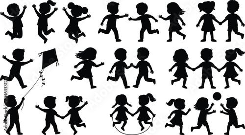 Tableau sur toile Black silhouettes of children playing, running, and jumping on white background