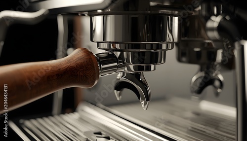 Close-up of a professional espresso machine portafilter with a custom wooden handle