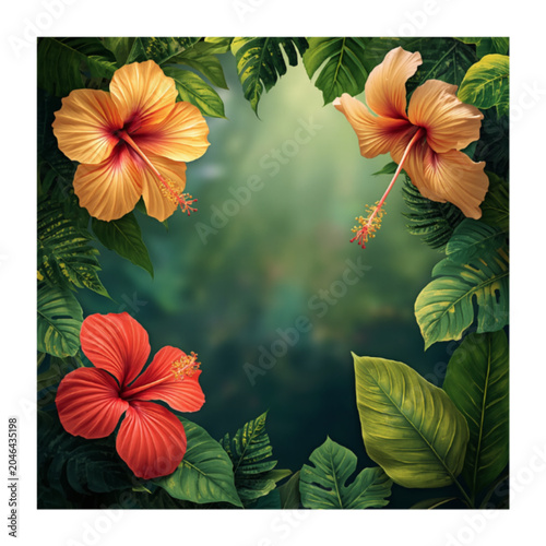 Vibrant Tropical Hibiscus Flowers with Lush Green Monstera Leaves on Dark Background
