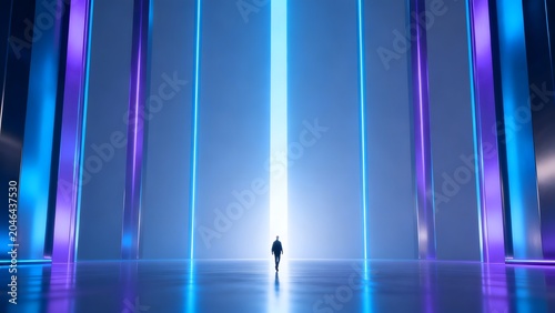 Person walking in neon corridor
