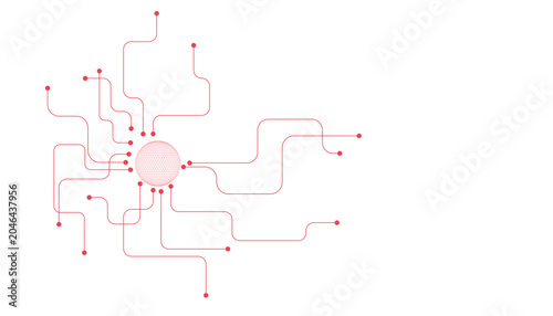 Red digital circuit board pattern with a central circular node and branching paths on a transparent background, for technology concepts